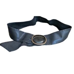 Vtg Black Leather Belt Cabochon Gold Brass Buckle Stone Women M Boho Southwest